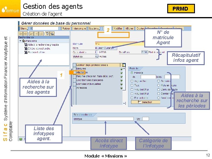 Gestion des agents PRMD Création de l’agent N° de matricule Agent Récapitulatif infos agent