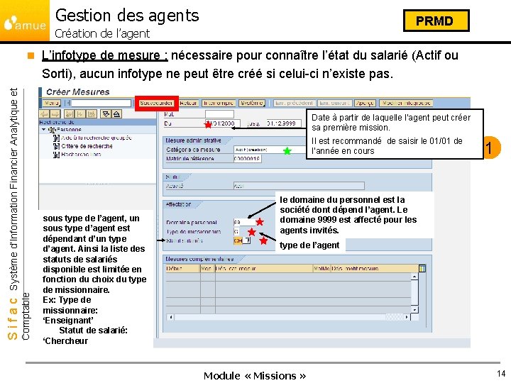 Gestion des agents PRMD Création de l’agent L’infotype de mesure : nécessaire pour connaître