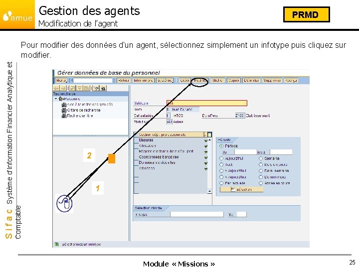 Gestion des agents PRMD Modification de l’agent 2 1 Comptable Sifac Système d’Information Financier