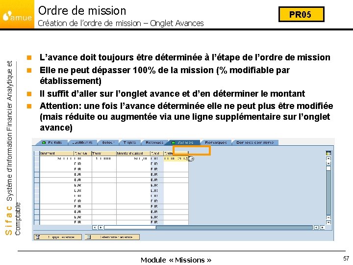 Ordre de mission Création de l’ordre de mission – Onglet Avances L’avance doit toujours