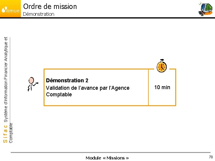 Ordre de mission Démonstration 2 Validation de l’avance par l’Agence Comptable 10 min Comptable