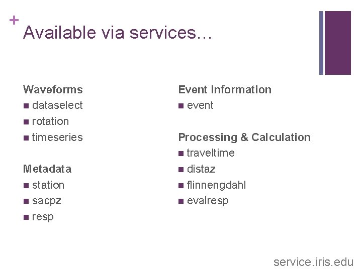 + Available via services… Waveforms dataselect rotation timeseries Metadata station sacpz resp Event Information