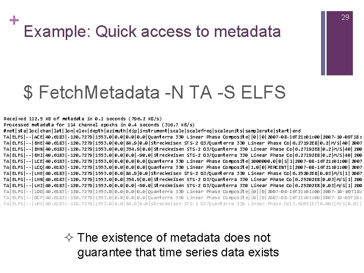 + 29 Example: Quick access to metadata $ Fetch. Metadata -N TA -S ELFS