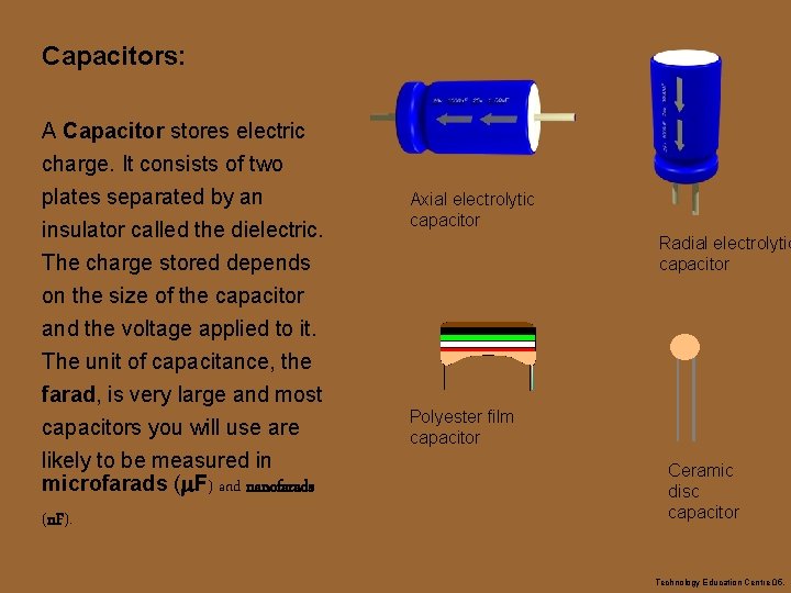 Capacitors: A Capacitor stores electric charge. It consists of two plates separated by an