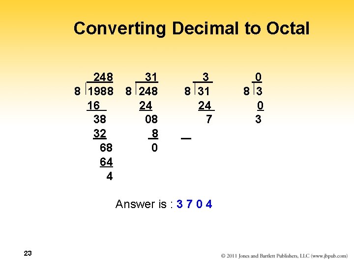 Converting Decimal to Octal 248 8 1988 16 38 32 68 64 4 31