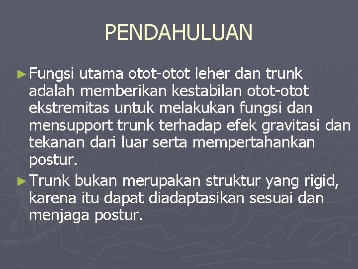 PENDAHULUAN ► Fungsi utama otot-otot leher dan trunk adalah memberikan kestabilan otot-otot ekstremitas untuk