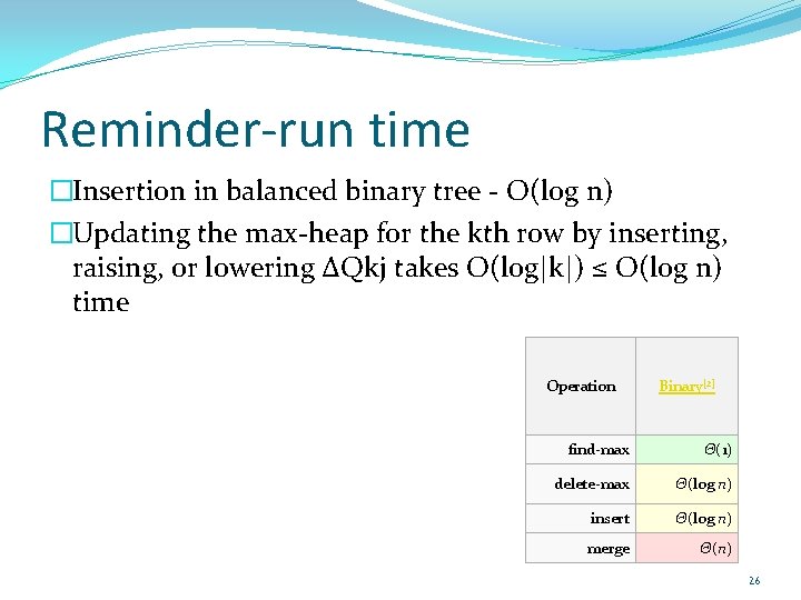 Reminder-run time �Insertion in balanced binary tree - O(log n) �Updating the max-heap for