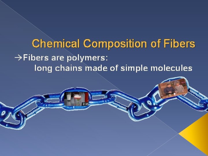 Chemical Composition of Fibers are polymers: long chains made of simple molecules Chemical Composition of Fibers are polymers: long chains made of simple molecules