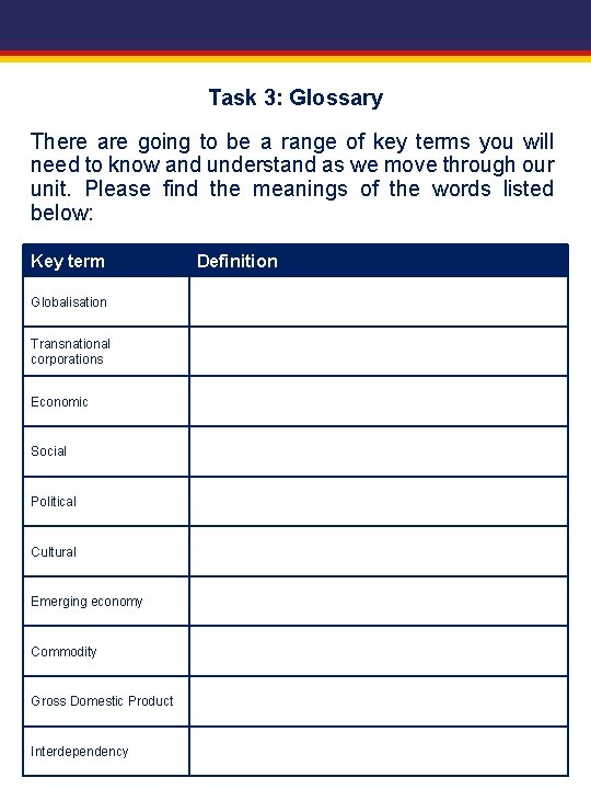 Task 3: Glossary There are going to be a range of key terms you