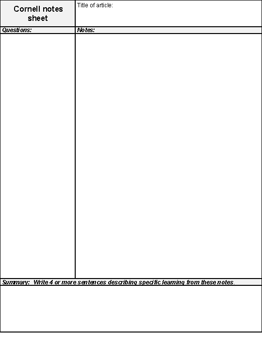 Cornell notes sheet Questions: Title of article: Notes: Summary: Write 4 or more sentences