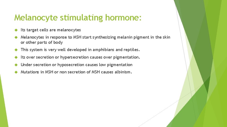 Melanocyte stimulating hormone: Its target cells are melanocytes Melanocytes in response to MSH start