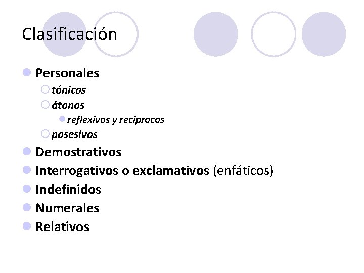 Clasificación l Personales ¡ tónicos ¡ átonos l reflexivos y recíprocos ¡ posesivos l