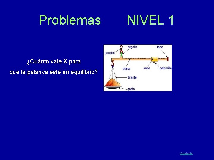 Problemas NIVEL 1 ¿Cuánto vale X para que la palanca esté en equilibrio? Siguiente