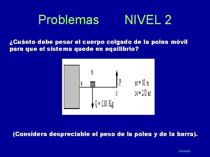 Problemas NIVEL 2 ¿Cuánto debe pesar el cuerpo colgado de la polea móvil para