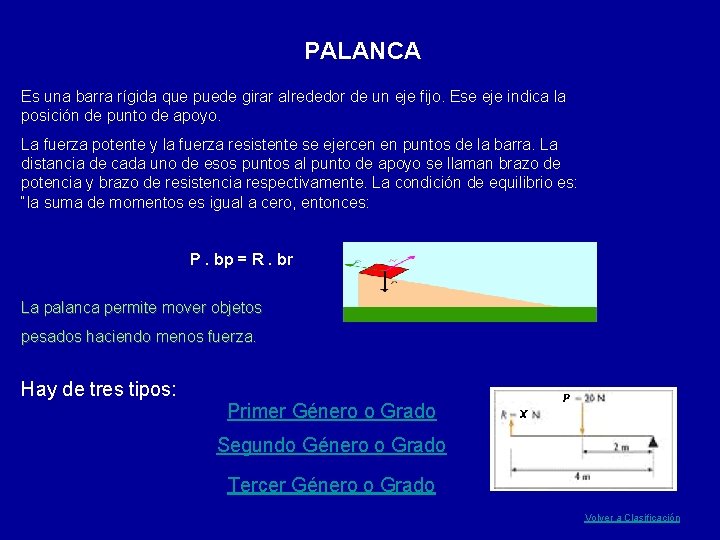 PALANCA Es una barra rígida que puede girar alrededor de un eje fijo. Ese