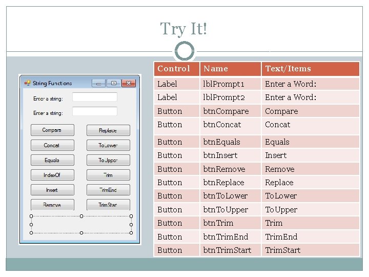 Try It! Control Name Text/Items Label lbl. Prompt 1 Enter a Word: Label lbl.