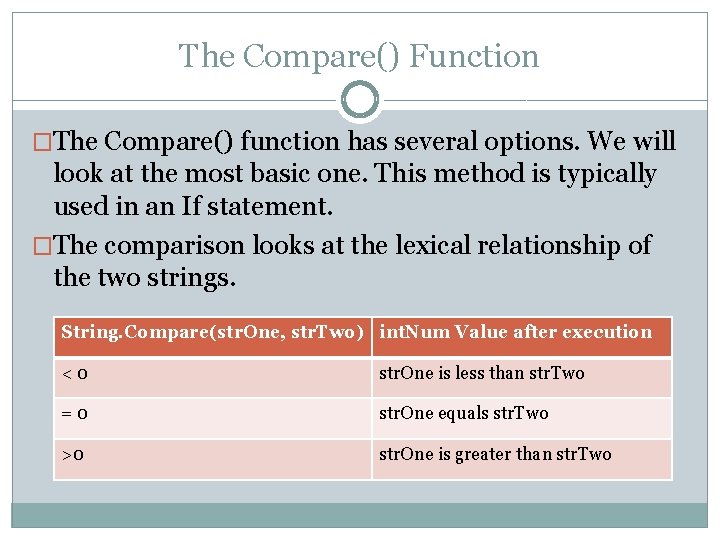 The Compare() Function �The Compare() function has several options. We will look at the