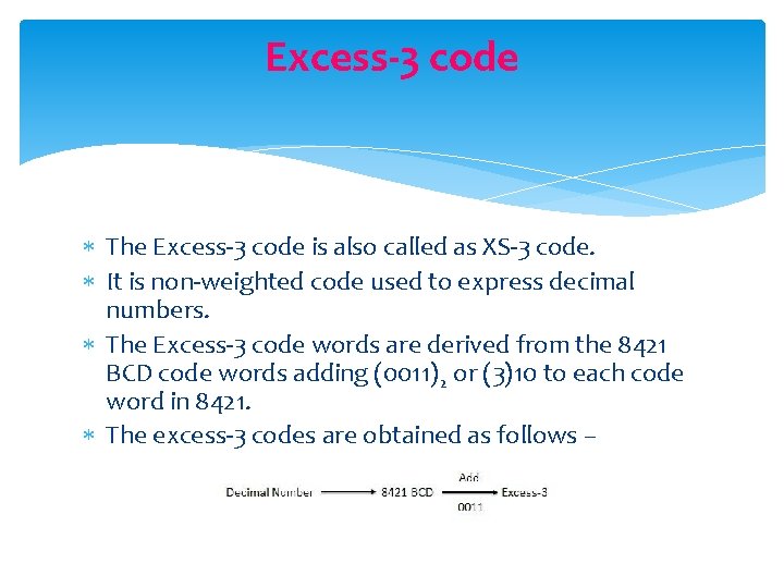 Excess-3 code The Excess-3 code is also called as XS-3 code. It is non-weighted Excess-3 code The Excess-3 code is also called as XS-3 code. It is non-weighted
