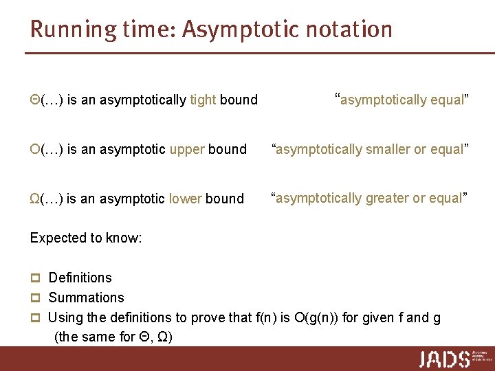 Running time: Asymptotic notation Θ(…) is an asymptotically tight bound “asymptotically equal” O(…) is Running time: Asymptotic notation Θ(…) is an asymptotically tight bound “asymptotically equal” O(…) is