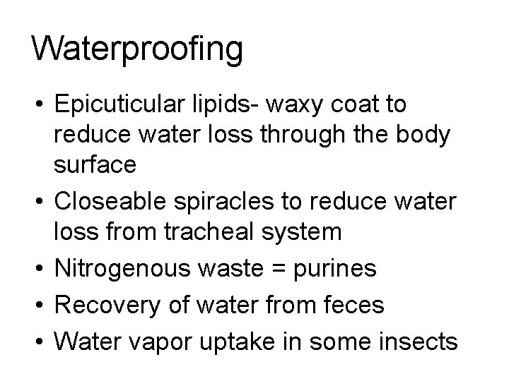 Waterproofing • Epicuticular lipids- waxy coat to reduce water loss through the body surface