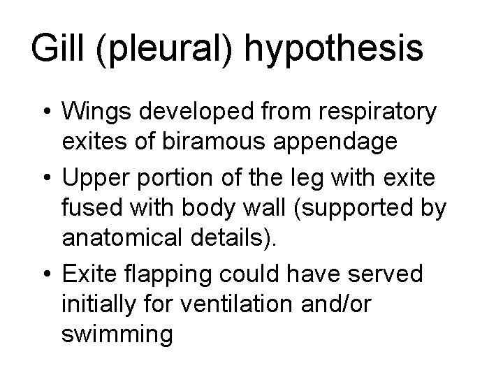 Gill (pleural) hypothesis • Wings developed from respiratory exites of biramous appendage • Upper