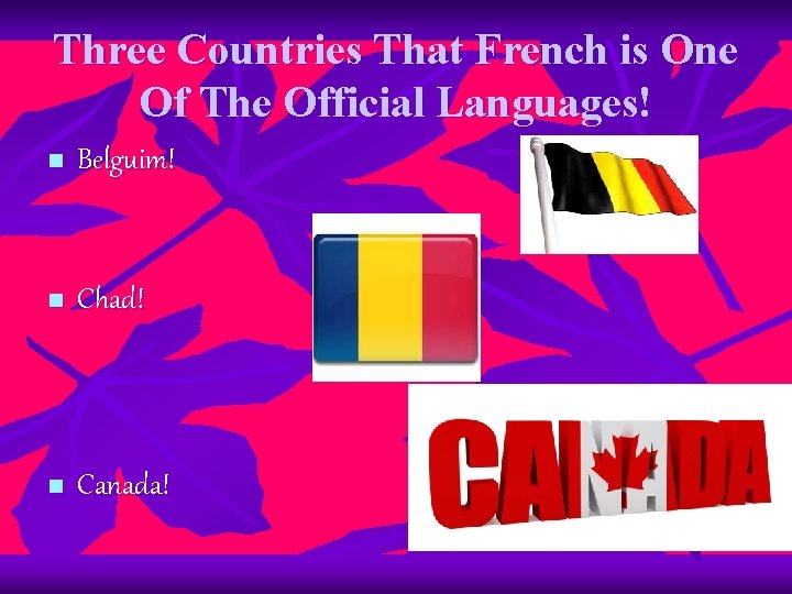 Three Countries That French is One Of The Official Languages! n Belguim! n Chad!