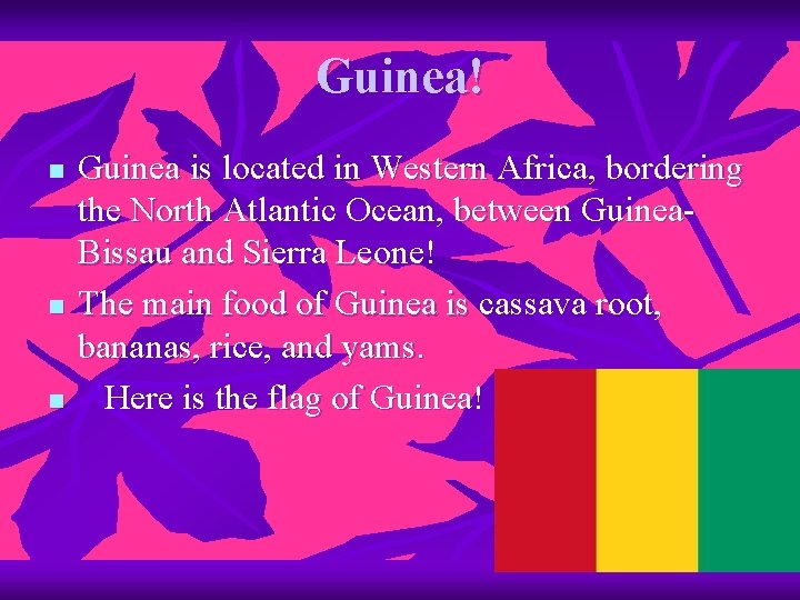 Guinea! n n n Guinea is located in Western Africa, bordering the North Atlantic