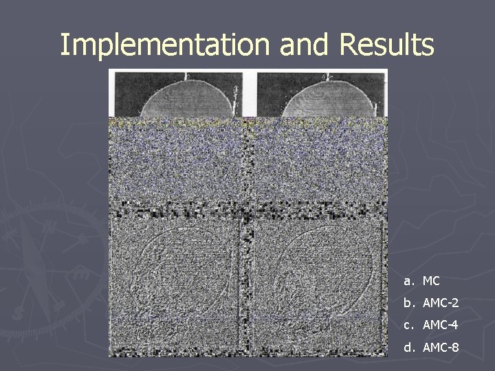 Implementation and Results a. MC b. AMC-2 c. AMC-4 d. AMC-8 
