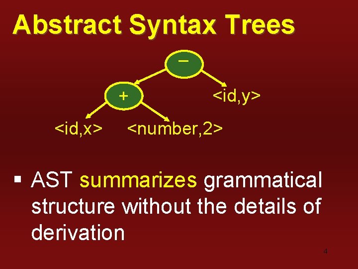 Abstract Syntax Trees – + <id, x> <id, y> <number, 2> § AST summarizes