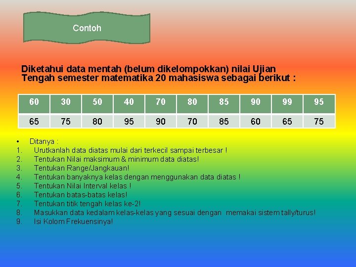 Contoh Diketahui data mentah (belum dikelompokkan) nilai Ujian Tengah semester matematika 20 mahasiswa sebagai