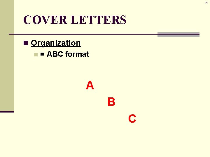 11 COVER LETTERS n Organization n = ABC format A B C 