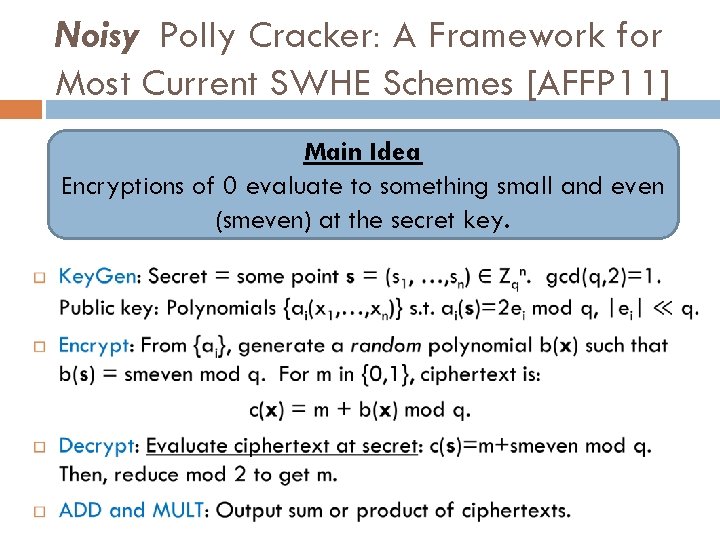 Noisy Polly Cracker: A Framework for Most Current SWHE Schemes [AFFP 11] Main Idea