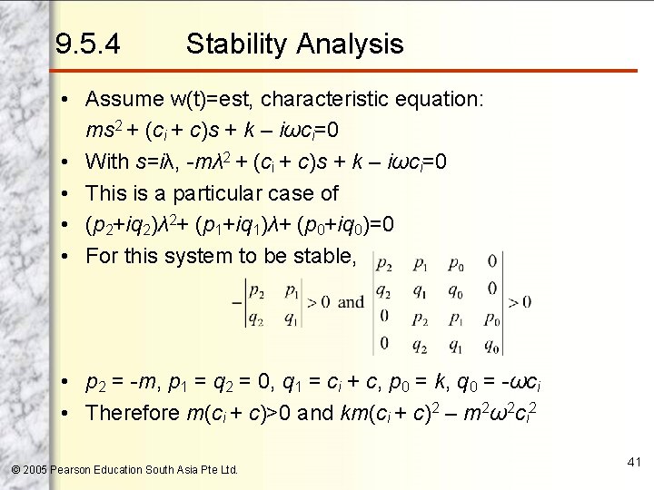 9. 5. 4 Stability Analysis • Assume w(t)=est, characteristic equation: ms 2 + (ci