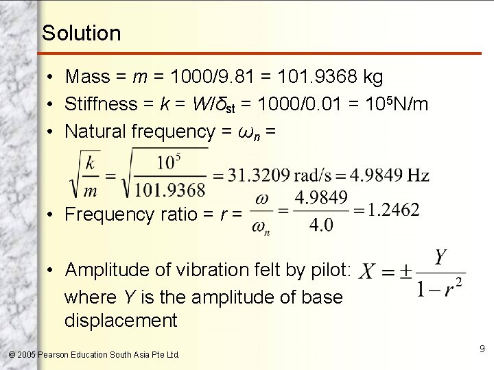 Solution • Mass = m = 1000/9. 81 = 101. 9368 kg • Stiffness