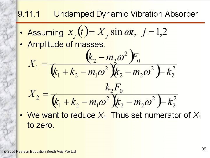 9. 11. 1 Undamped Dynamic Vibration Absorber • Assuming • Amplitude of masses: •