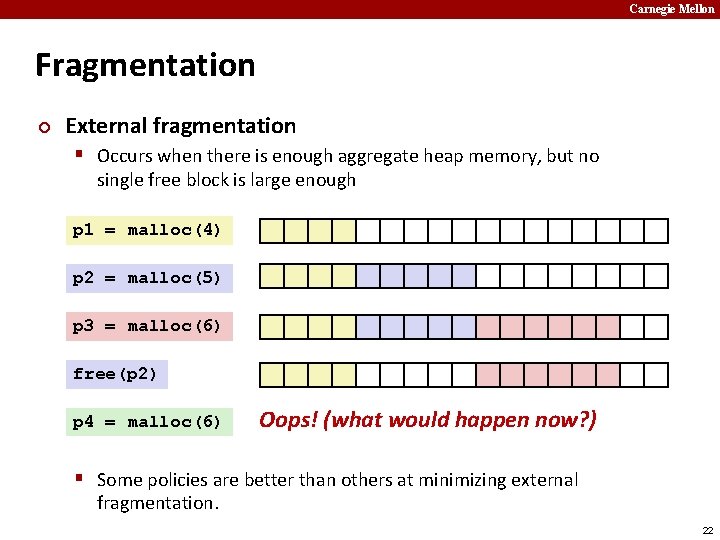 Carnegie Mellon Fragmentation ¢ External fragmentation § Occurs when there is enough aggregate heap