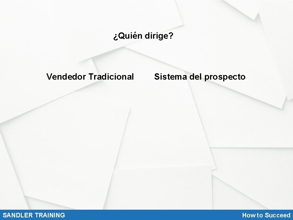 ¿Quién dirige? Vendedor Tradicional SANDLER TRAINING Sistema del prospecto How to Succeed 