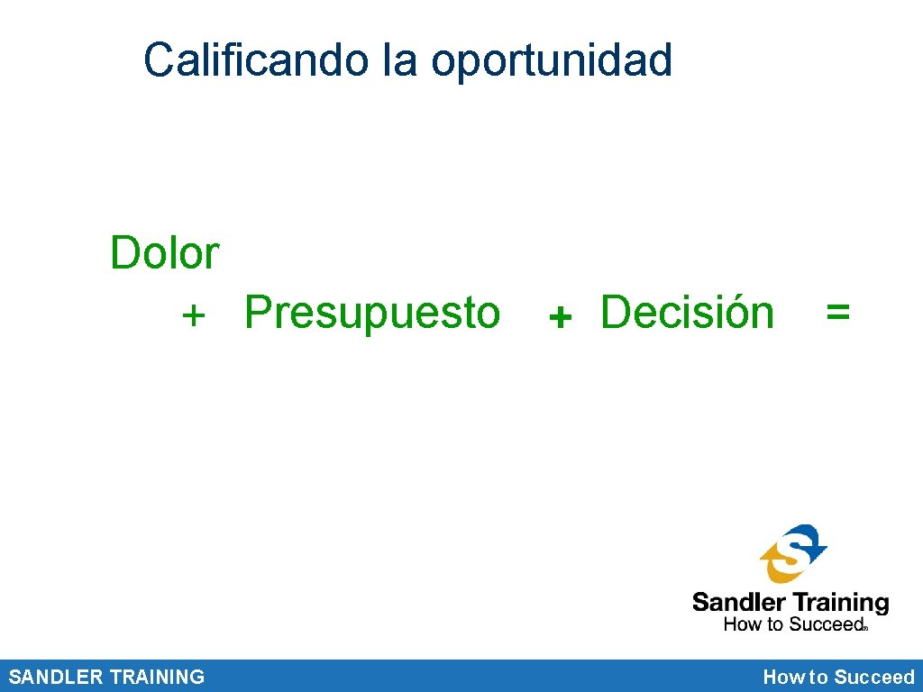 Calificando la oportunidad Dolor + Presupuesto SANDLER TRAINING + Decisión = How to Succeed