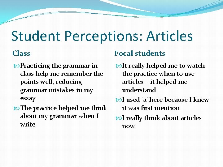 Student Perceptions: Articles Class Focal students Practicing the grammar in class help me remember