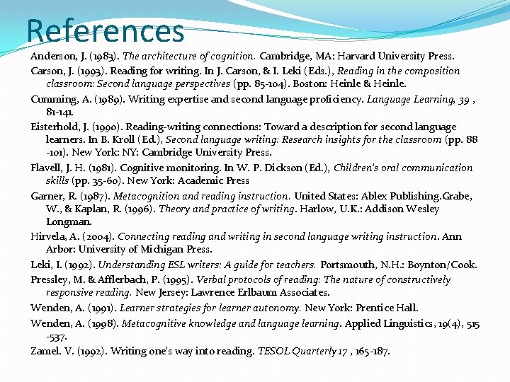 References Anderson, J. (1983). The architecture of cognition. Cambridge, MA: Harvard University Press. Carson,