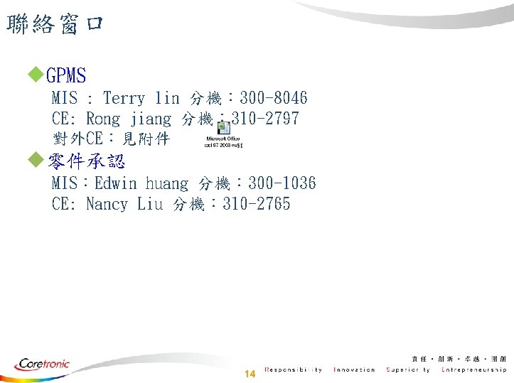 聯絡窗口 u. GPMS MIS : Terry lin 分機： 300 -8046 CE: Rong jiang 分機：