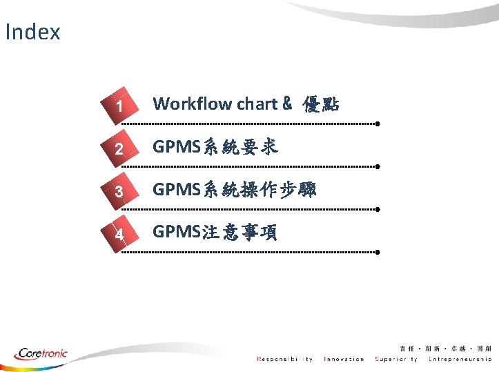 Index 1 Workflow chart & 優點 2 GPMS系統要求 3 GPMS系統操作步驟 4 GPMS注意事項 