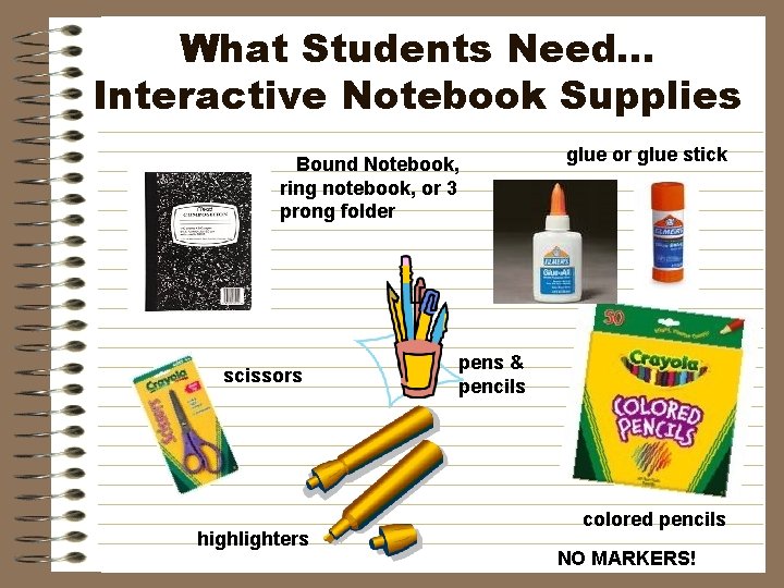 What Students Need… Interactive Notebook Supplies Bound Notebook, ring notebook, or 3 prong folder