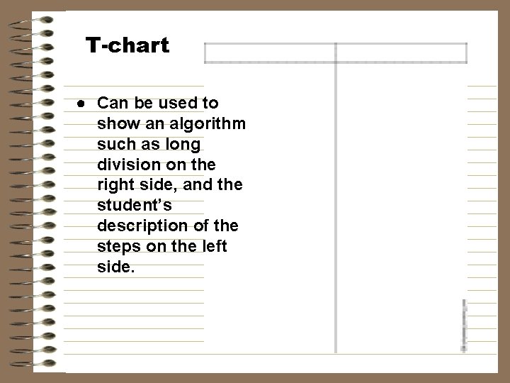 T-chart ● Can be used to show an algorithm such as long division on