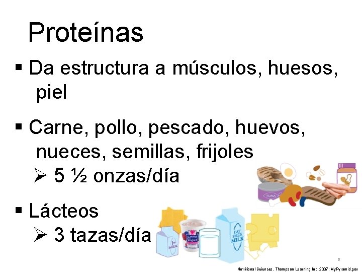 Proteínas § Da estructura a músculos, huesos, piel § Carne, pollo, pescado, huevos, nueces,