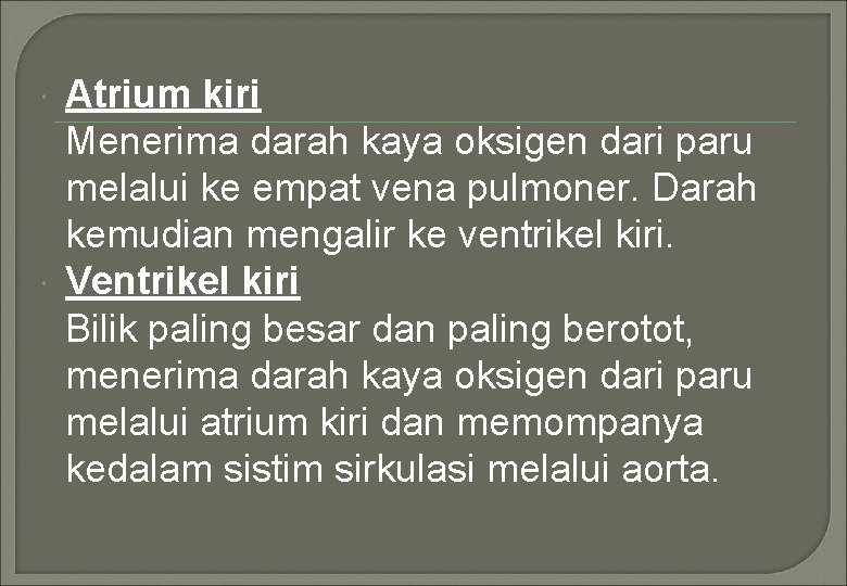  Atrium kiri Menerima darah kaya oksigen dari paru melalui ke empat vena pulmoner.