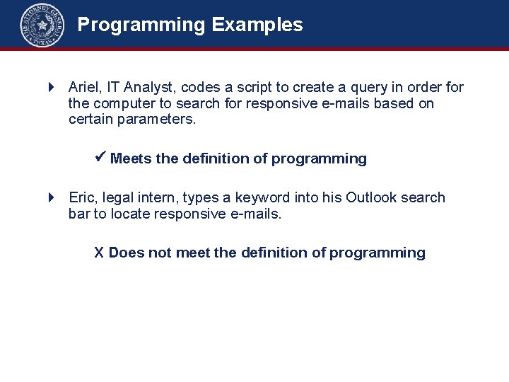 Programming Examples 4 Ariel, IT Analyst, codes a script to create a query in