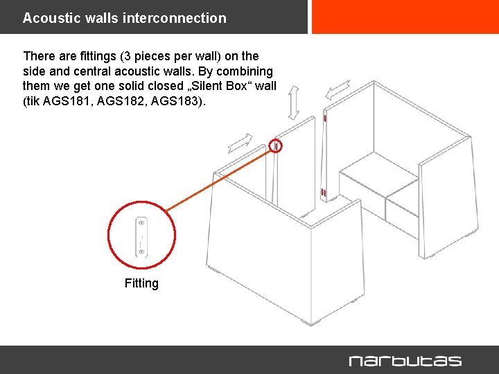 Acoustic walls interconnection There are fittings (3 pieces per wall) on the side and