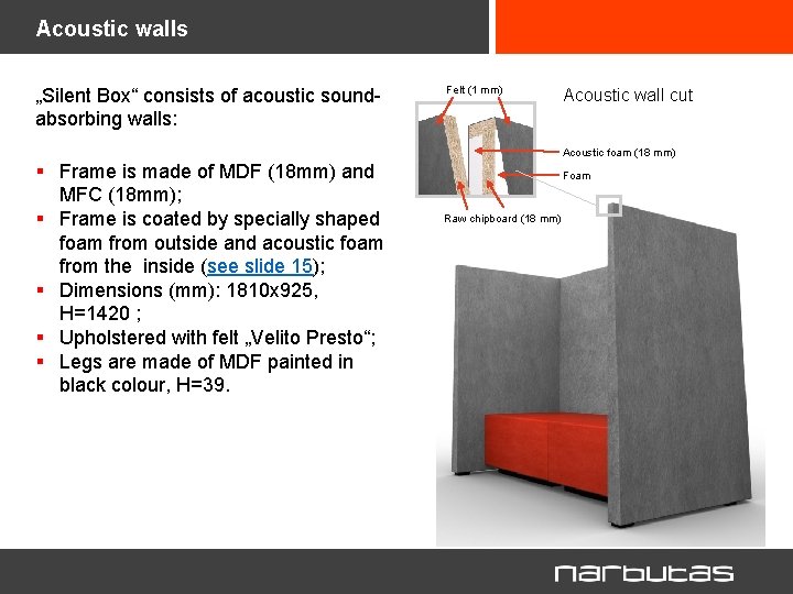 Acoustic walls „Silent Box“ consists of acoustic soundabsorbing walls: Felt (1 mm) Acoustic wall