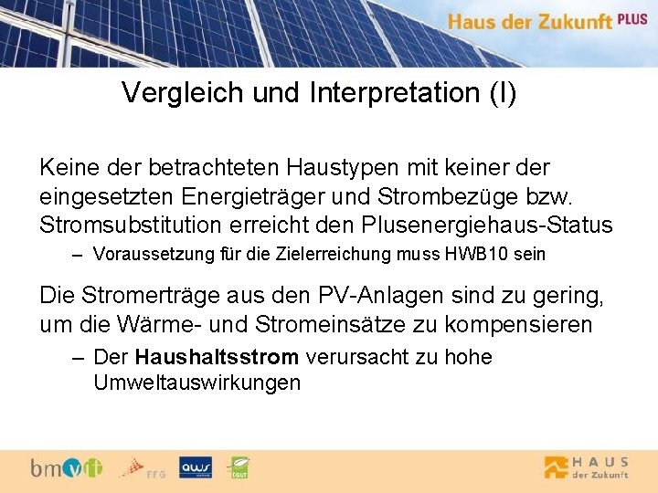 Vergleich und Interpretation (I) Keine der betrachteten Haustypen mit keiner der eingesetzten Energieträger und